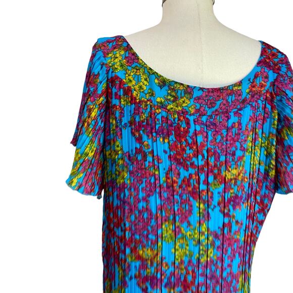 New Directions Blue Floral A Line Turquoise Pleated Midi Short Sleeve Dress 20W - Picture 5 of 11